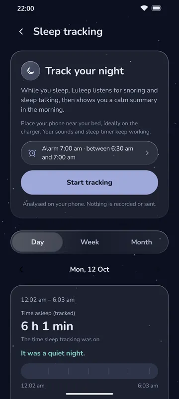 Luleep sleep tracking with an alarm set between 6:30 and 7:00 am and a Start tracking button