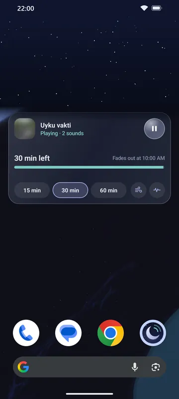 An Android home screen with the Luleep Night panel widget: the sound playing, quick timer buttons and shortcuts
