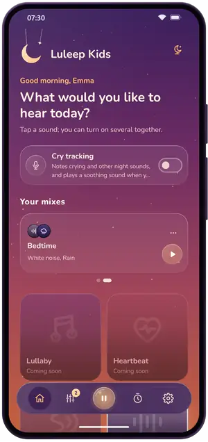 Luleep Kids home screen at sunset: baby sound tiles with white noise and rain playing