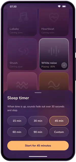 Sleep timer with 15 to 90 minute presets
