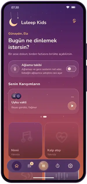 Gün batımında Luleep Kids ana ekranı: beyaz gürültü ve yağmur çalan bebek sesi kutucukları